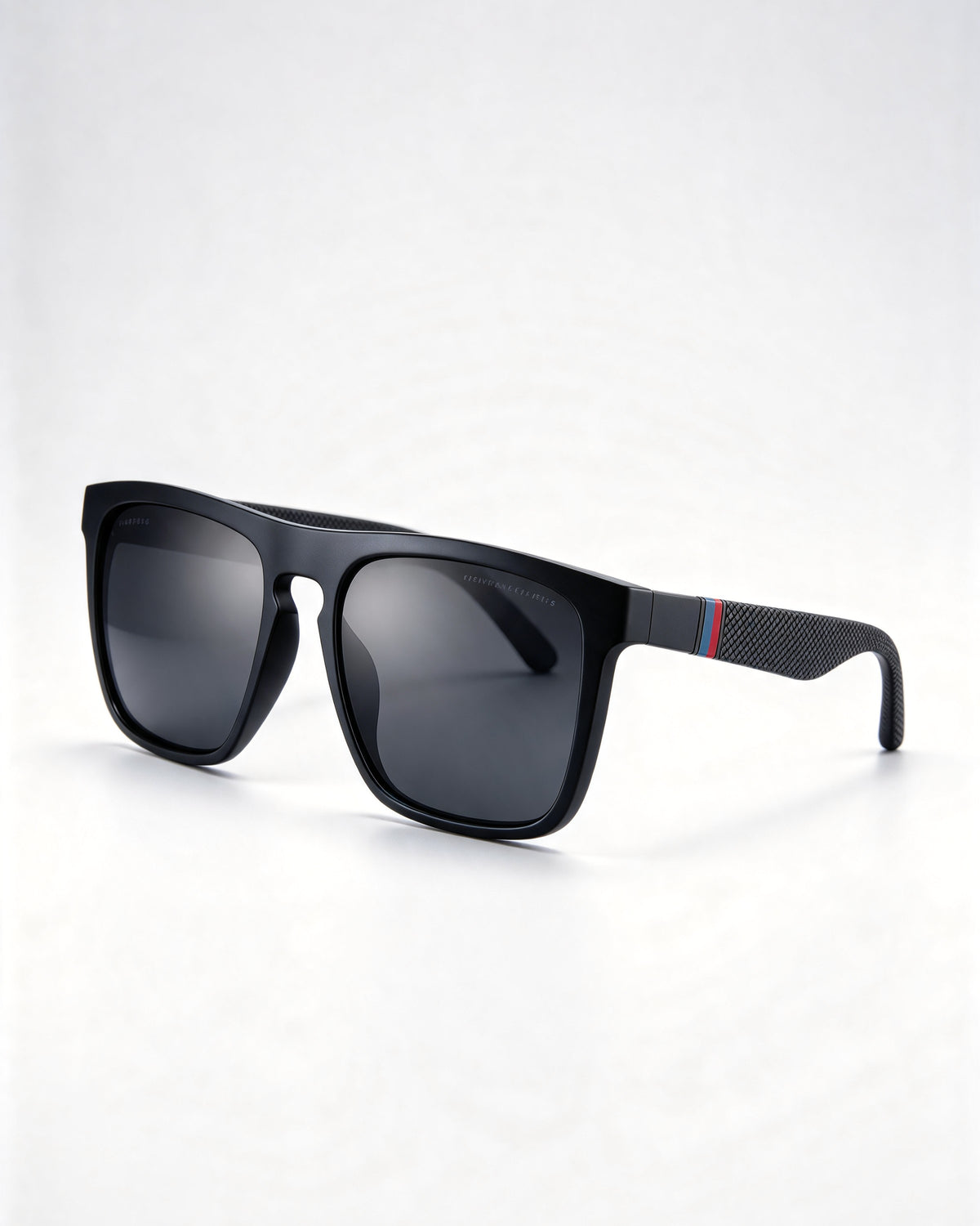 Matte black square polarized sunglasses, three quarter view, textured arms