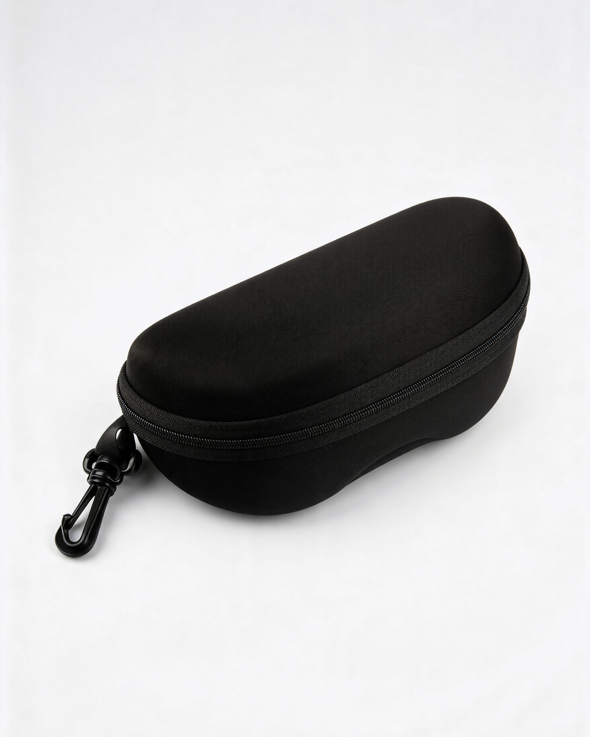 Black hard zip sunglasses case, closed, with its clip hook, seen from three quarters