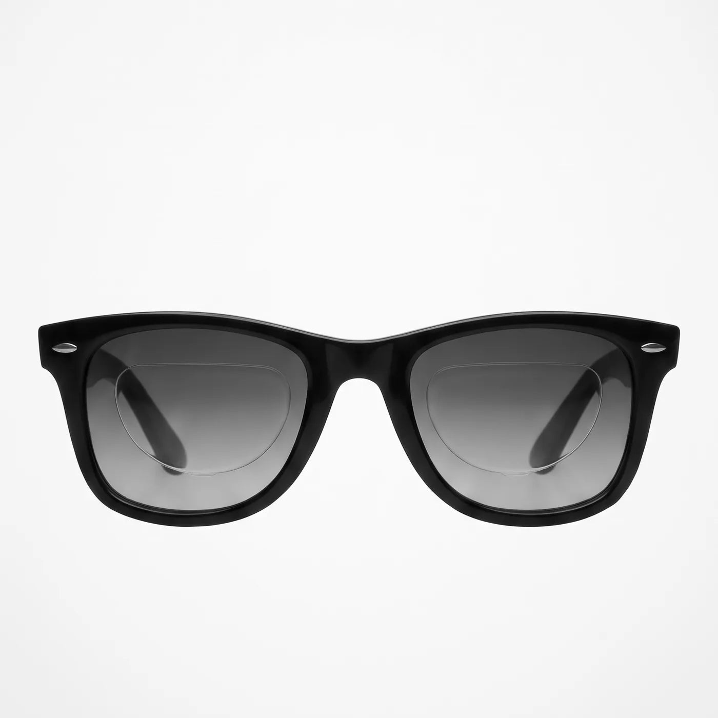 Black sunglasses from the front, the patches a faint outline