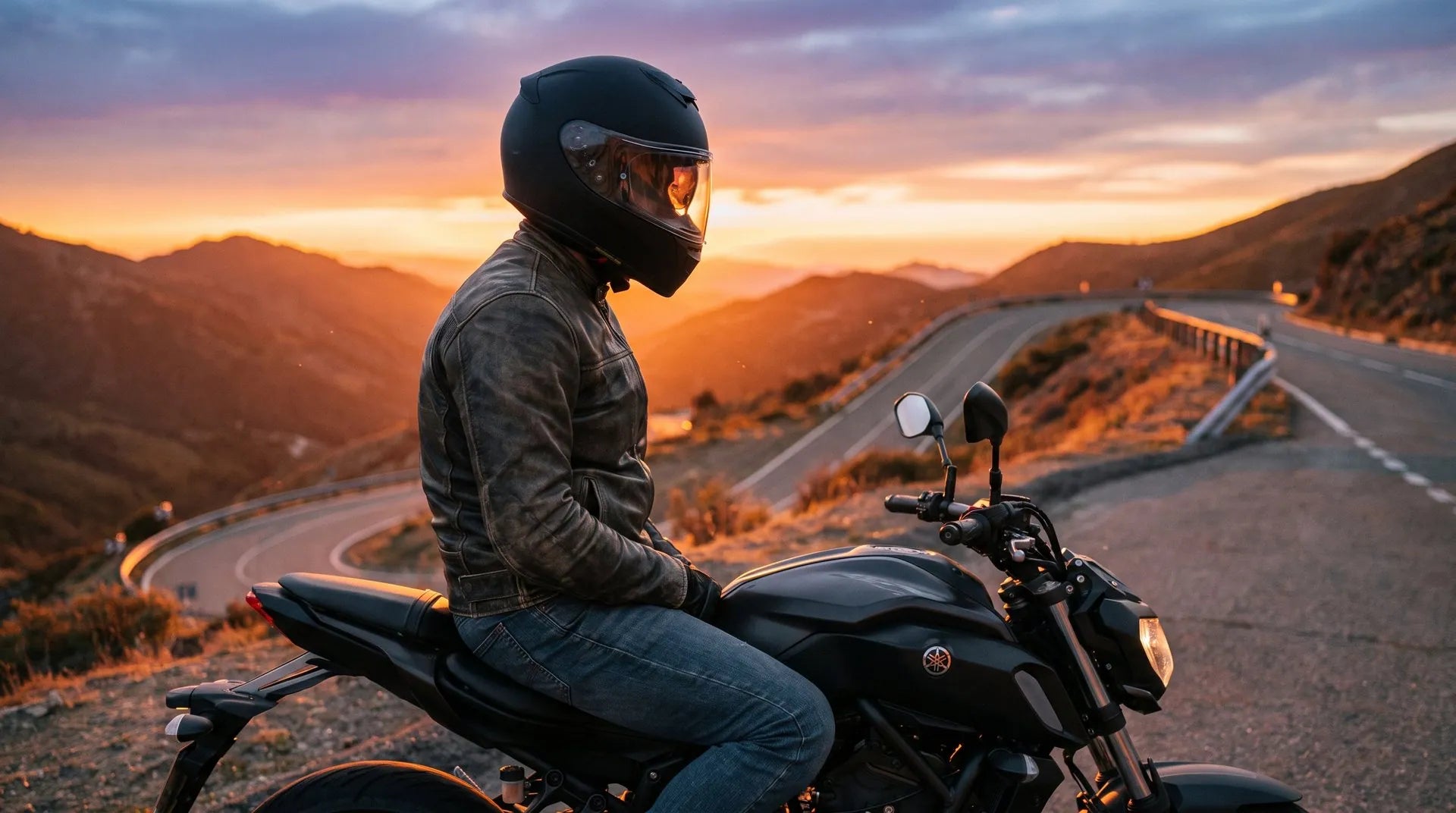 A sport bike on a coastal road at sunset